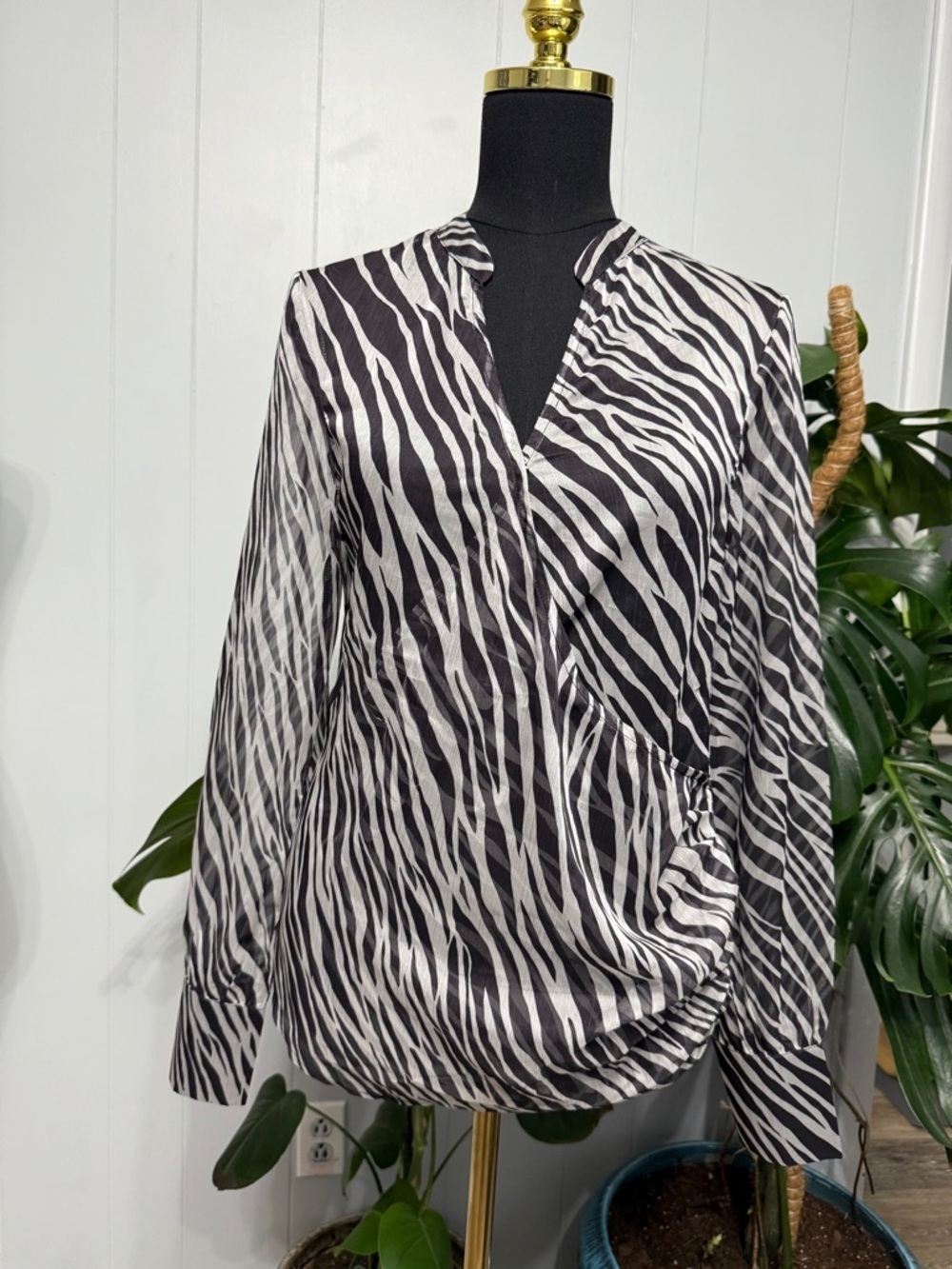 #15)  Oyrosy Zebra-Print Wrap  Sheer Blouse - Black/White